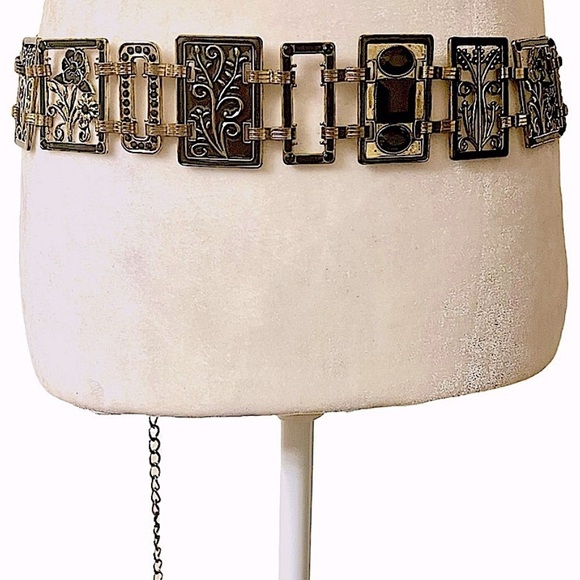 Vintage art deco belt gold & black floral geometric chain...